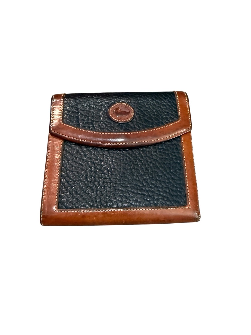 Vintage Dooney & Bourke Black Pebbled Leather Wallet with Brown Trim